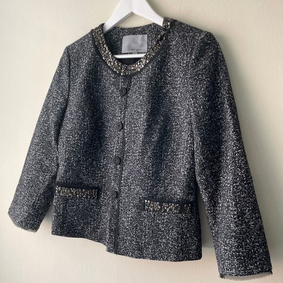 Classiques Entier Black & Gray Tweed Sequenced Neckline Jacket - M - Picture 3 of 11